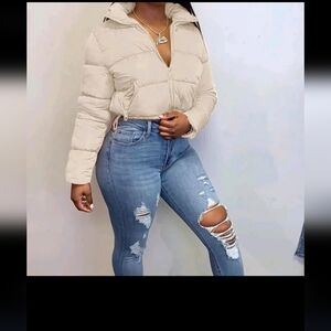 Women's Apricot Plain Pocket High Neck Cropped Puffer Jacket Streetwear, Sz L